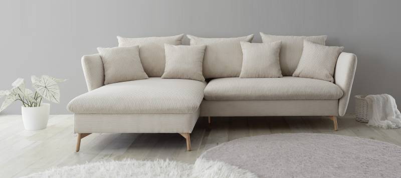 andas Ecksofa »MERLE, 258 cm, L-Form, traumhafter Cord,«, mit Bettfunktion und Bettkasten, Liegefläche 224 x 139 von andas