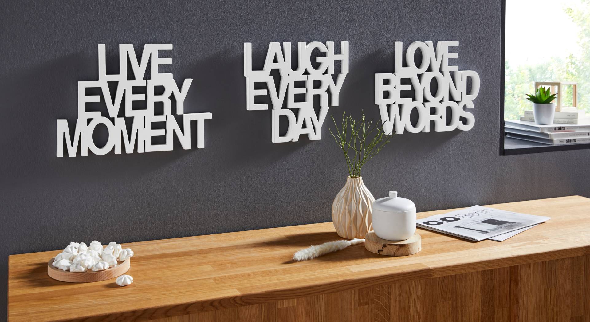 andas Wanddekoobjekt »Schriftzug Live every Moment - Love beyond Words - Laugh every Day« von andas