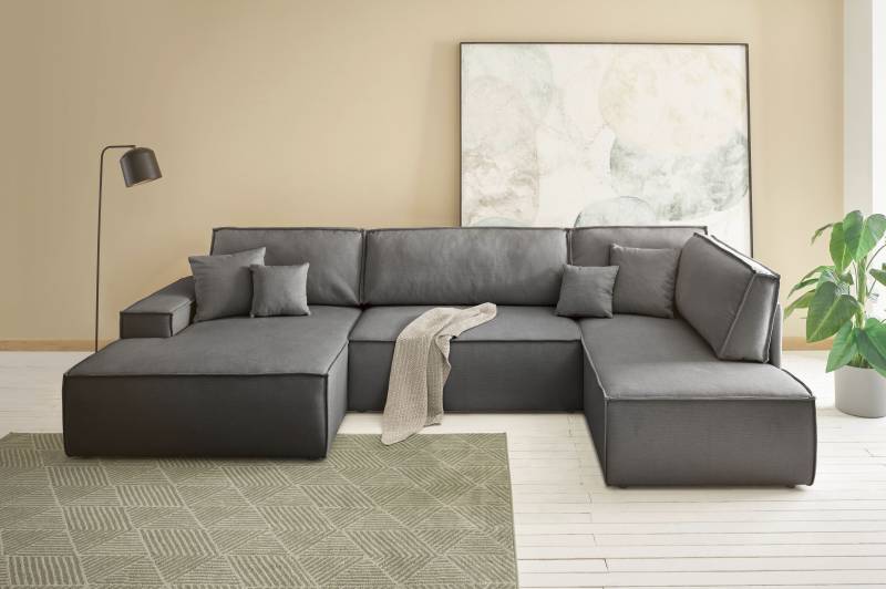andas Wohnlandschaft »FINNLEY U-Form XXL 329 cm, Schlafsofa, Schlaffunktion m. Bettkasten«, (194/139 cm), Bouclé, Struktur und Cord von andas