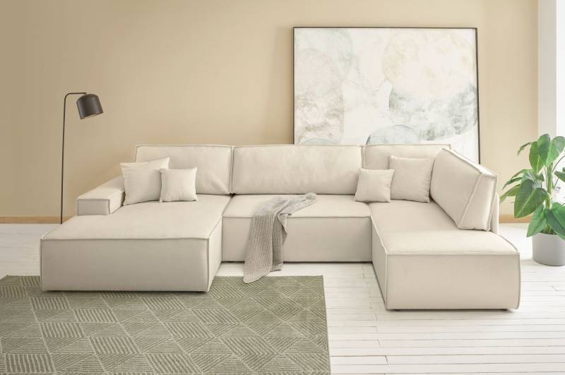 andas Wohnlandschaft »FINNLEY U-Form XXL 329 cm, Schlafsofa, Schlaffunktion m. Bettkasten«, (194/139 cm), Bouclé, Struktur und Cord von andas