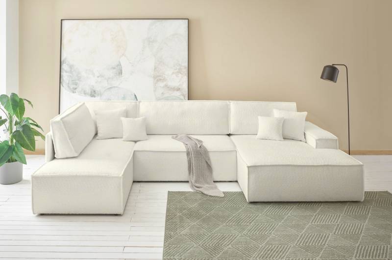andas Wohnlandschaft »FINNLEY U-Form XXL 329 cm, Schlafsofa, Schlaffunktion m. Bettkasten«, (194/139 cm), Bouclé, Struktur und Cord von andas