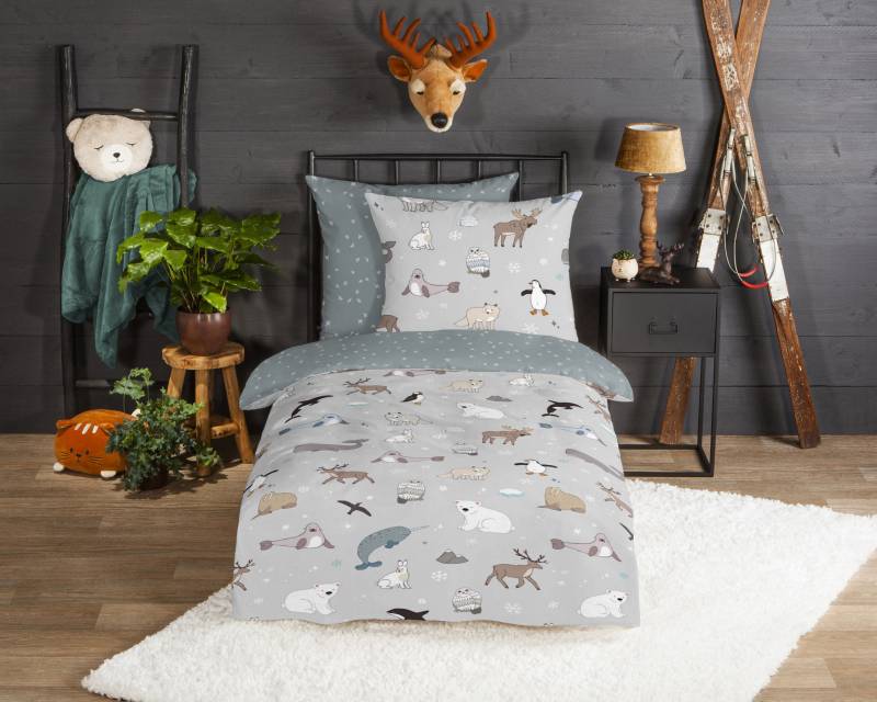 good morning Kinderbettwäsche »Arctic«, Biber, 135x200, Warm, Weich, Wende, Reissverschluss, Kind, Winter, Grau von good morning