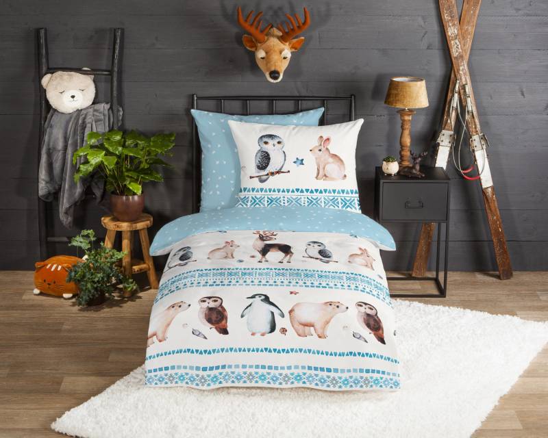good morning Kinderbettwäsche »Freezing Animals«, Biber, 135x200, Warm, Weich, Wendeoptik, Reissverschluss, Winter, Kind von good morning