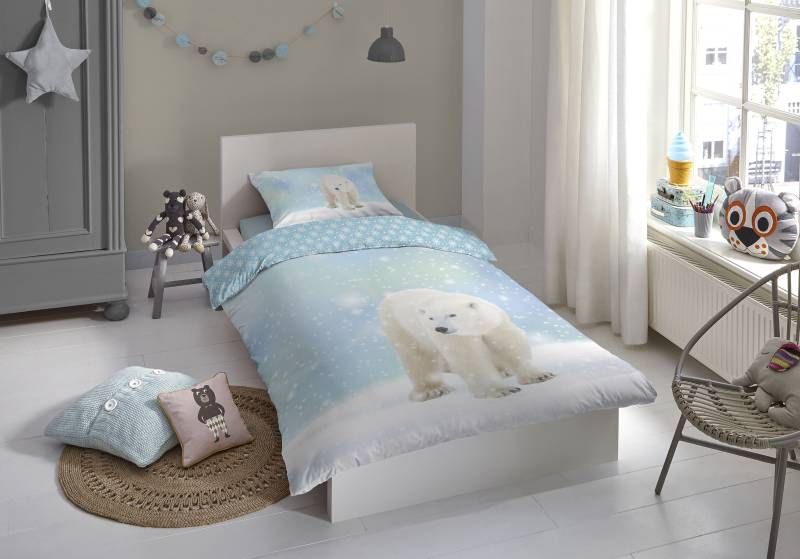 good morning Kinderbettwäsche »Icebear«, Biber, 135x200, Weich, Warm, Reissverschluss, Wendeoptik, Kind, Winter von good morning