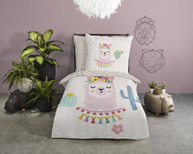 good morning Kinderbettwäsche »Llama«, Baumwolle, 135x200, Reissverschluss, Wendeoptik, Kind, Lama, Mädchen von good morning