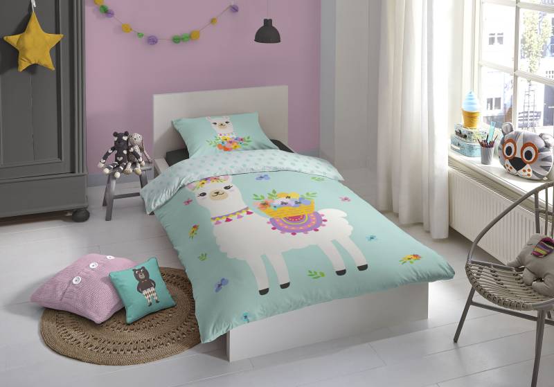 good morning Kinderbettwäsche »Llama«, Baumwolle, 135x200, Reissverschluss, Wendeoptik, Kind, Lama, Mädchen von good morning