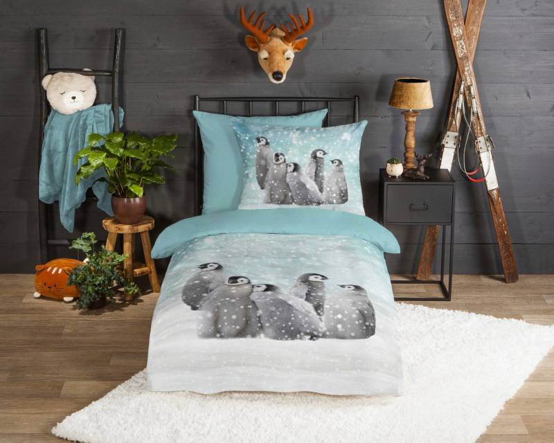 good morning Kinderbettwäsche »Pengu«, Biber, 135x200, Weich, Warm, Reissverschluss, Wendeoptik, Kind, Winter von good morning