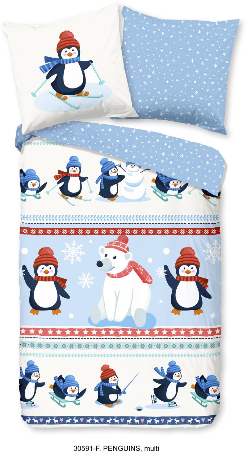 good morning Kinderbettwäsche »Penguins«, Biber, 135x200, Warm, Weich, Wendeoptik, Reissverschluss, Winter, Kind von good morning