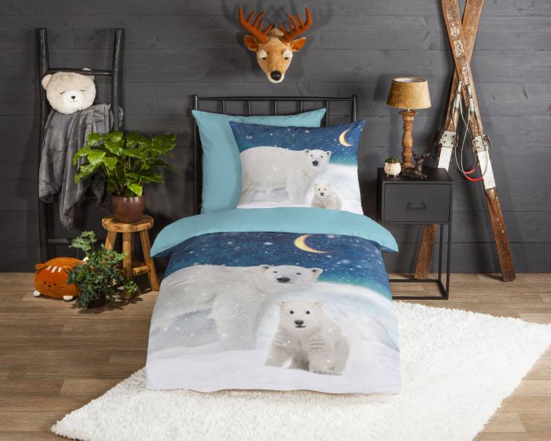 good morning Kinderbettwäsche »Polarbear Landscape«, Biber, 135x200, Warm, Weich, Wendeoptik, Reissverschluss, Winter, Kind von good morning