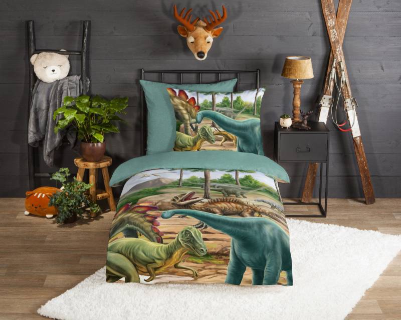 good morning Kinderbettwäsche »Prehistory Dinos«, Biber, 135x200, Weich, Warm, Reissverschluss, Wende, Kind, Junge, Dino von good morning