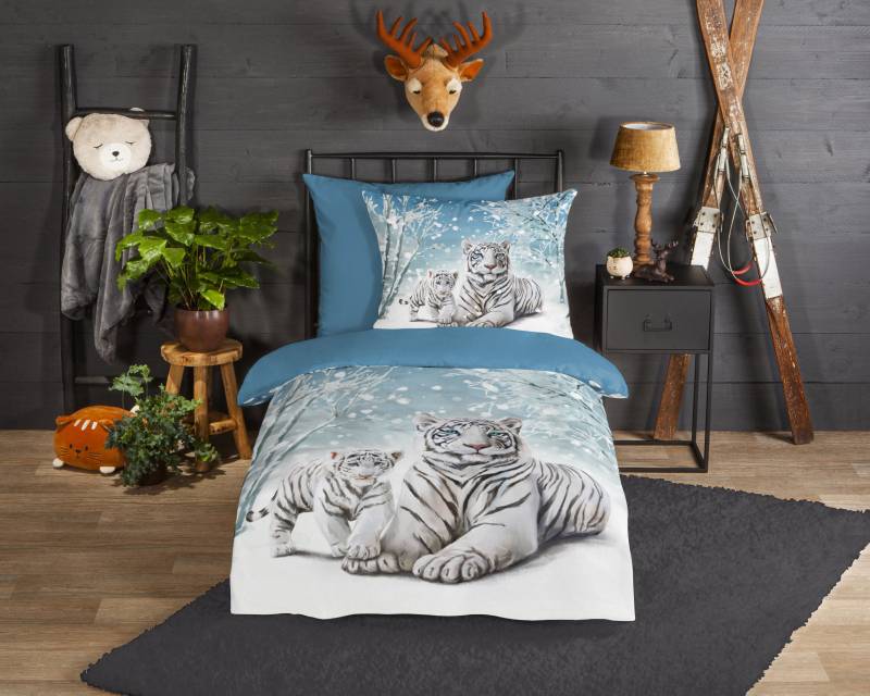 good morning Kinderbettwäsche »Safe«, Biber, 135x200, Warm, Weich, Wende, Reissverschluss, Kind, Winter, Blau von good morning