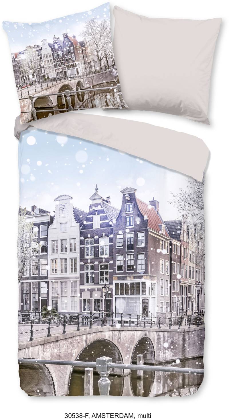 good morning Wendebettwäsche »Amsterdam Houses«, Biber, 135x200, Warm, Weich, Wendeoptik, Reissverschluss, Winter von good morning