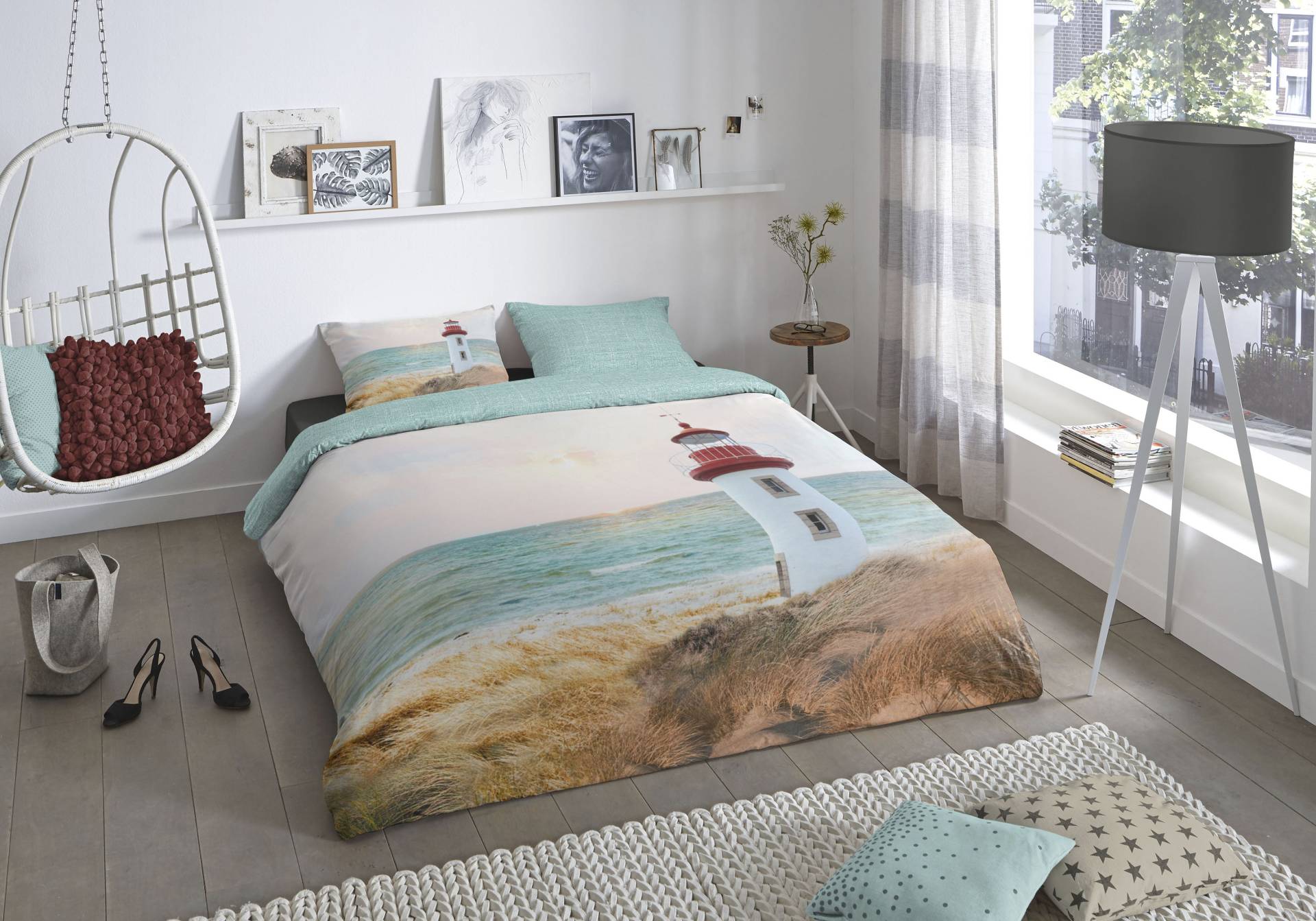 good morning Wendebettwäsche »Lighthouse«, 100% Baumwolle, 155x220, 2 Teilig, Reissverschluss, Wendeoptik, Strand von good morning