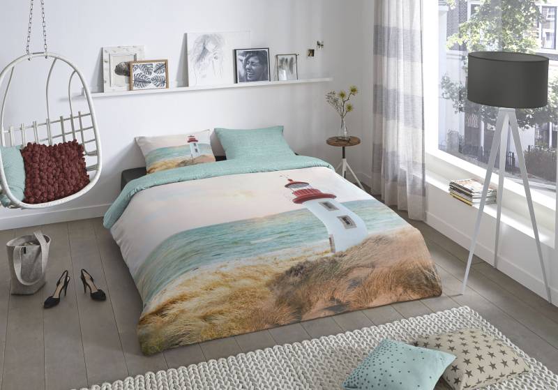 good morning Wendebettwäsche »Lighthouse«, 100% Baumwolle, 155x220, 2 Teilig, Reissverschluss, Wendeoptik, Strand von good morning