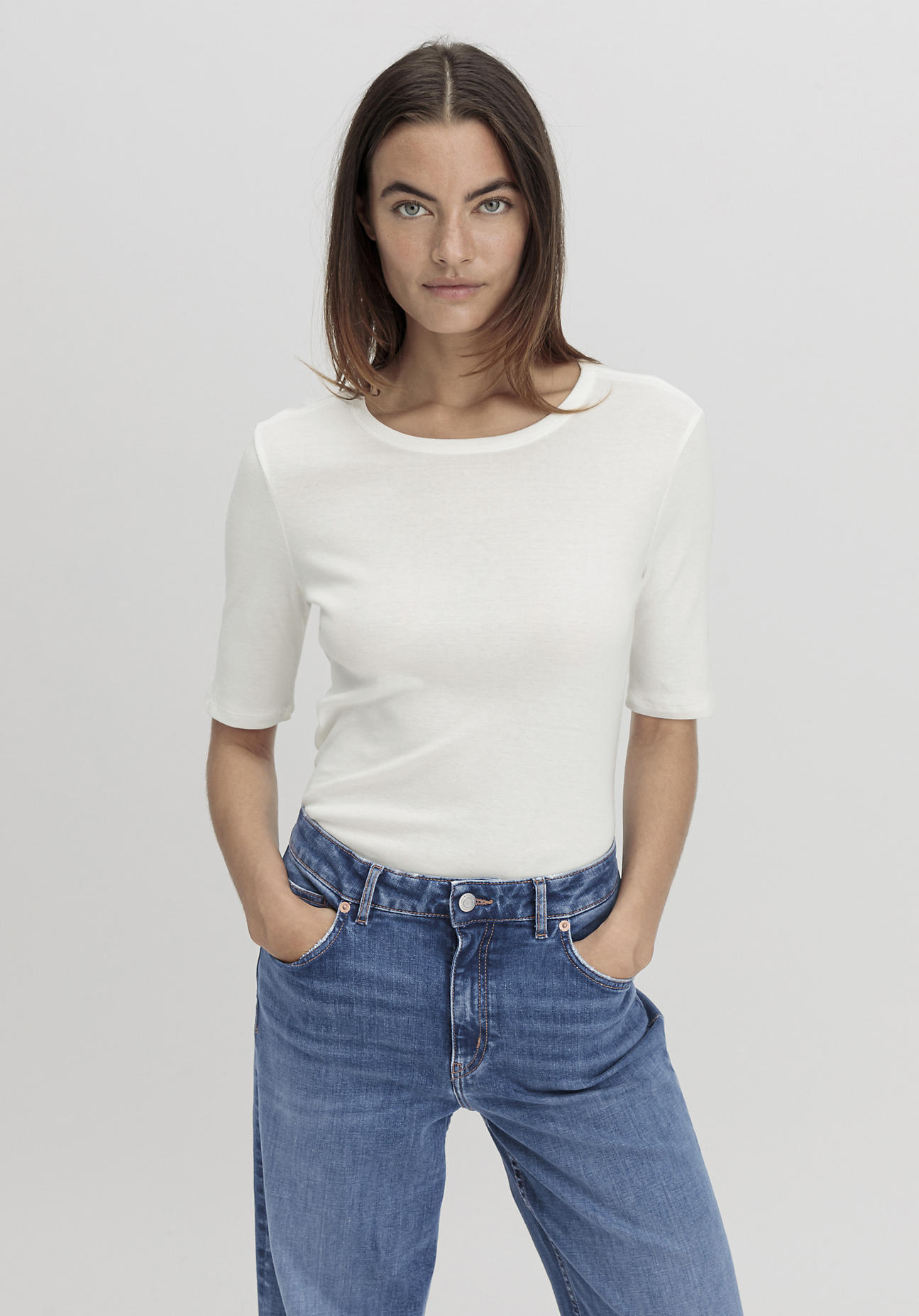 hessnatur Damen Softrib Shirt Slim aus Bio-Baumwolle und TENCEL™ Modal - weiß Grösse40 von hessnatur