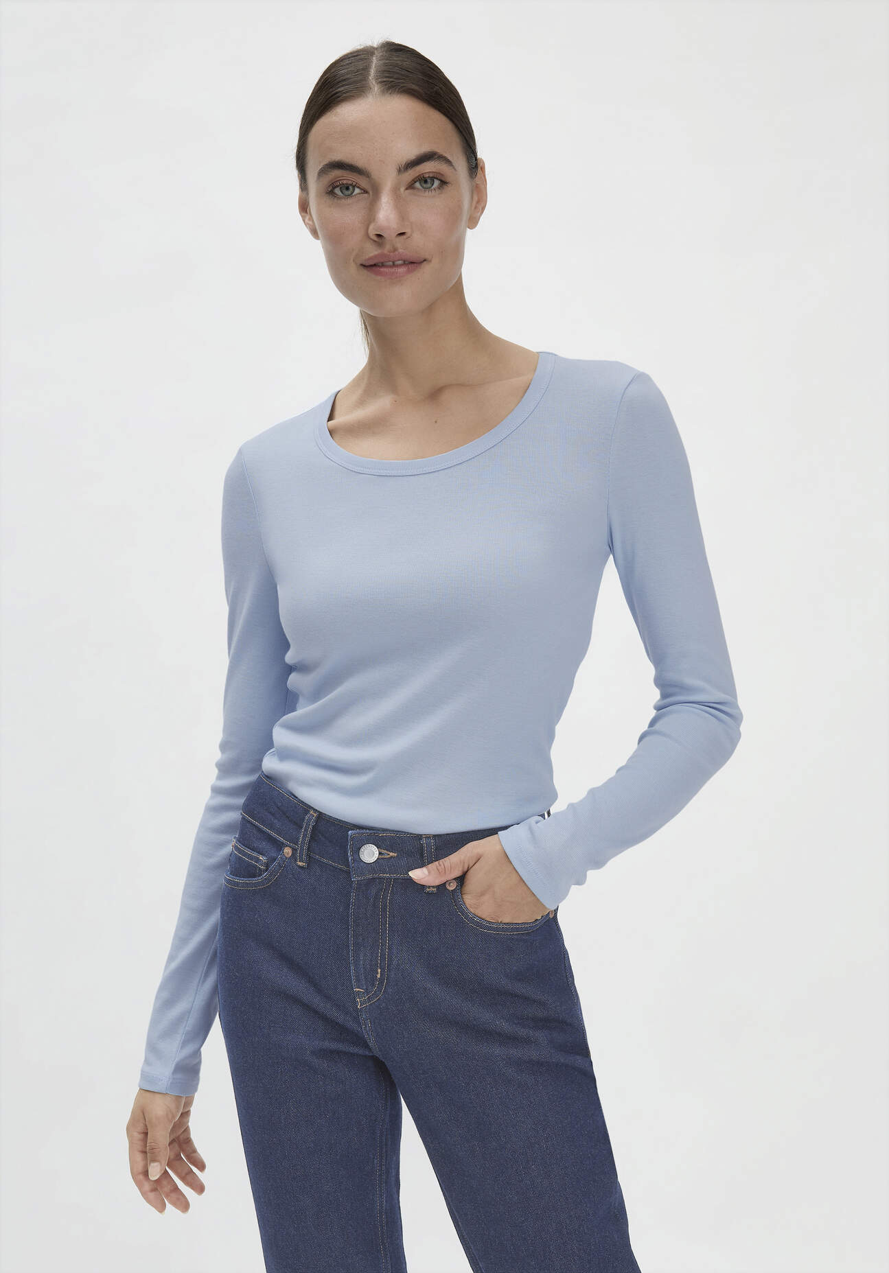 hessnatur Damen Softrib Langarmshirt Slim aus Bio-Baumwolle mit TENCEL™ Modal - blau Grösse34 von hessnatur