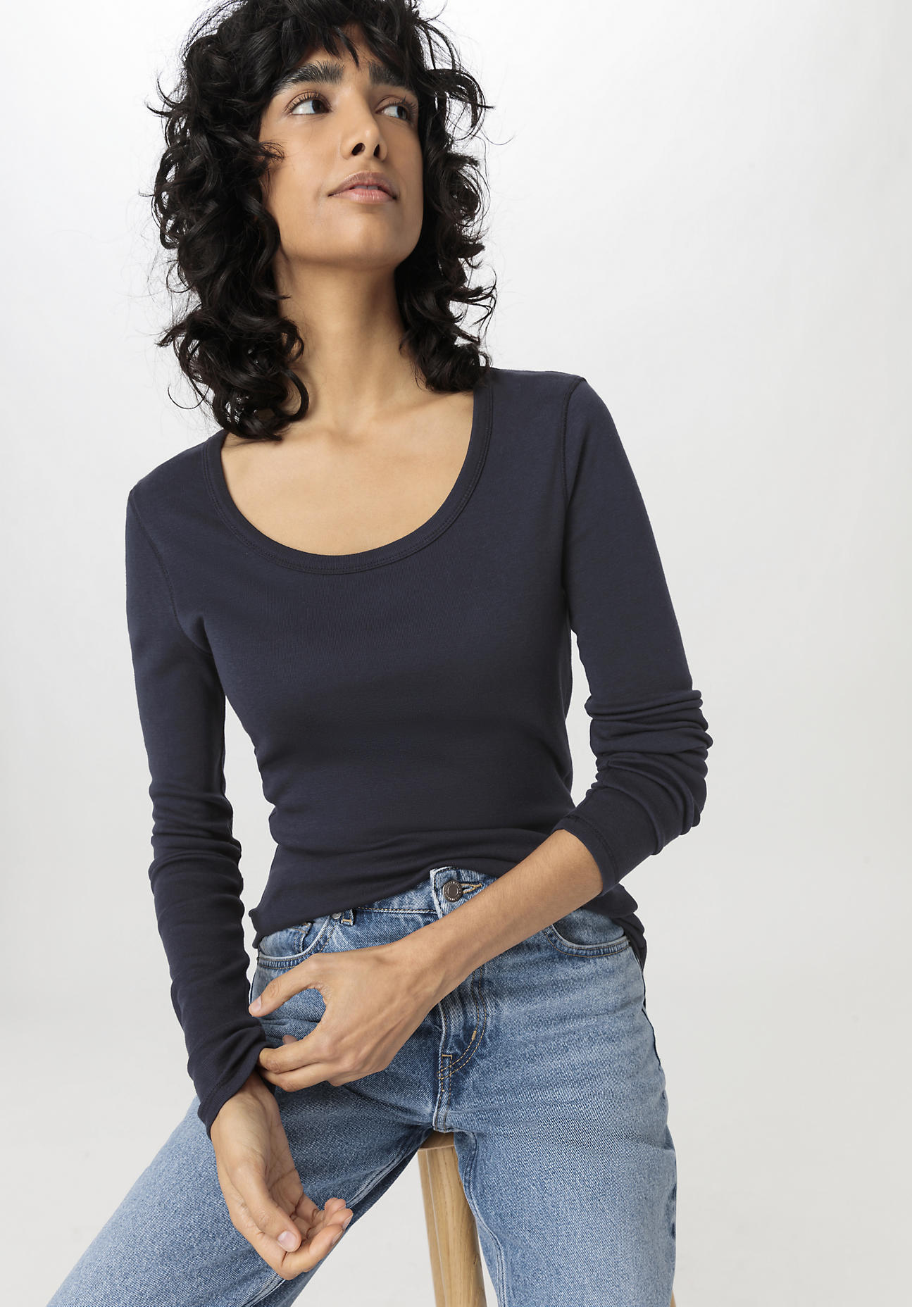 hessnatur Damen Softrib Langarmshirt Slim aus Bio-Baumwolle mit TENCEL™ Modal - blau Grösse34 von hessnatur