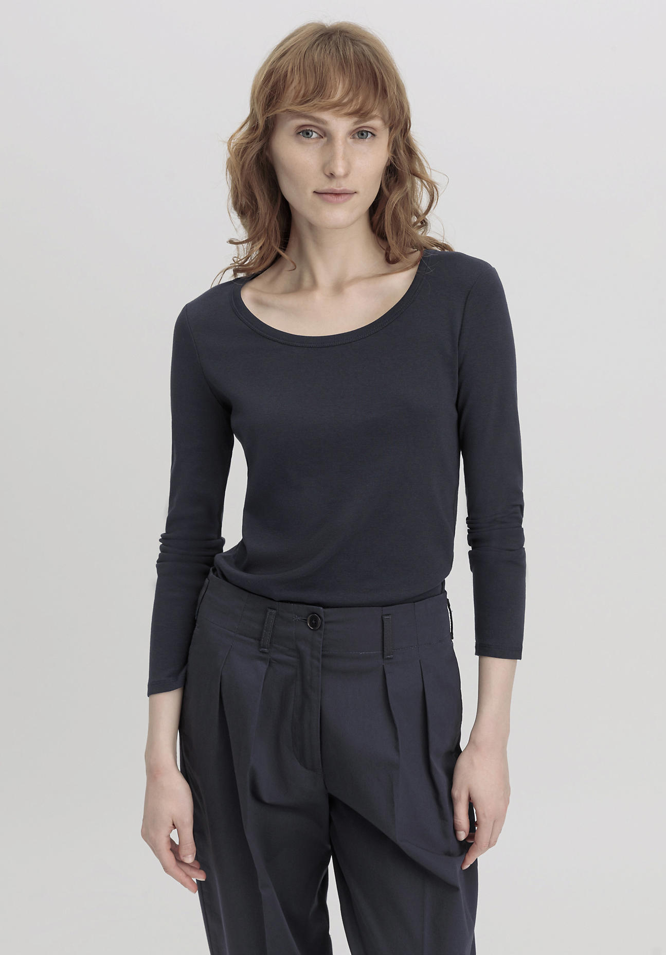 hessnatur Damen Softrib Langarmshirt Slim aus Bio-Baumwolle mit TENCEL™ Modal - blau Grösse38 von hessnatur
