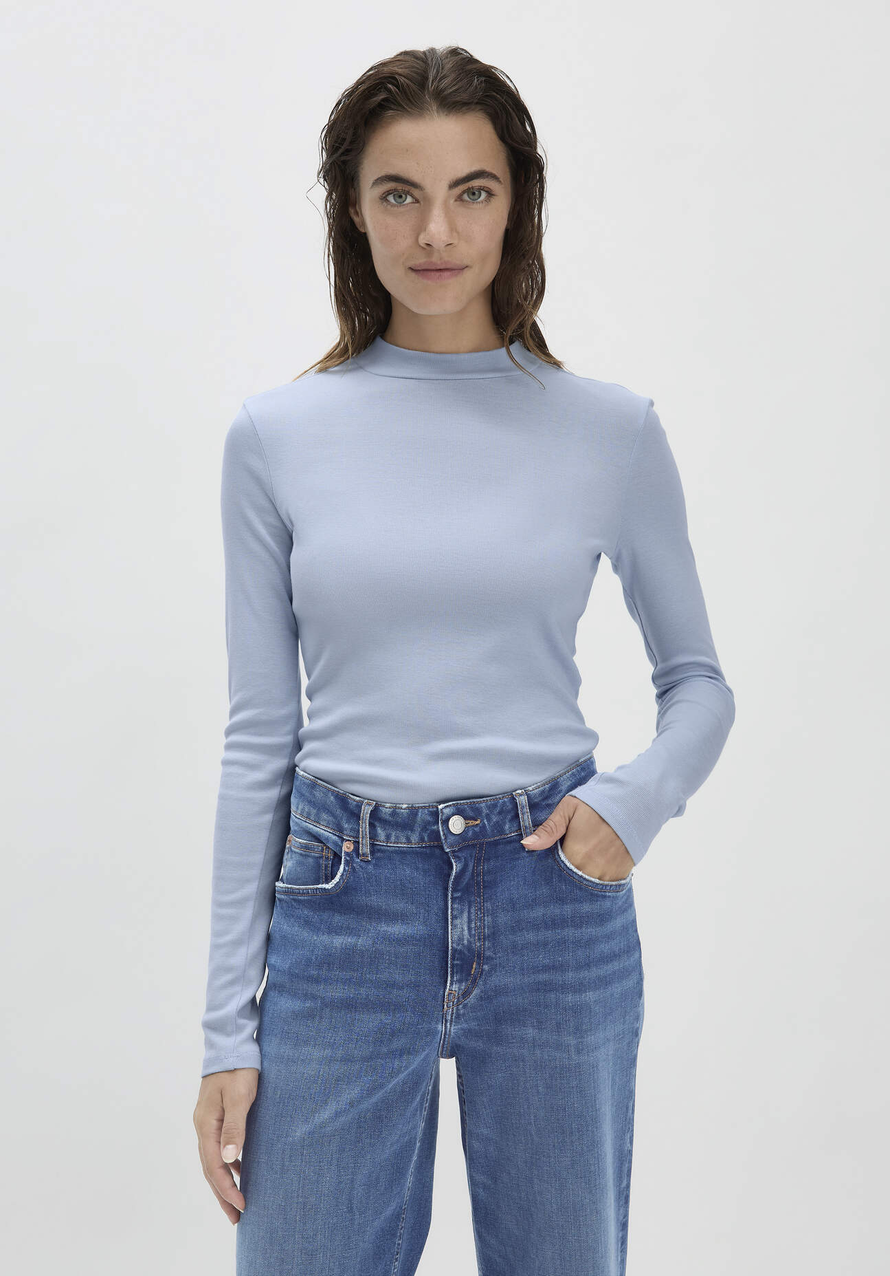 hessnatur Damen Softrib Langarmshirt Slim aus Bio-Baumwolle und TENCEL™ Modal - blau Grösse46 von hessnatur