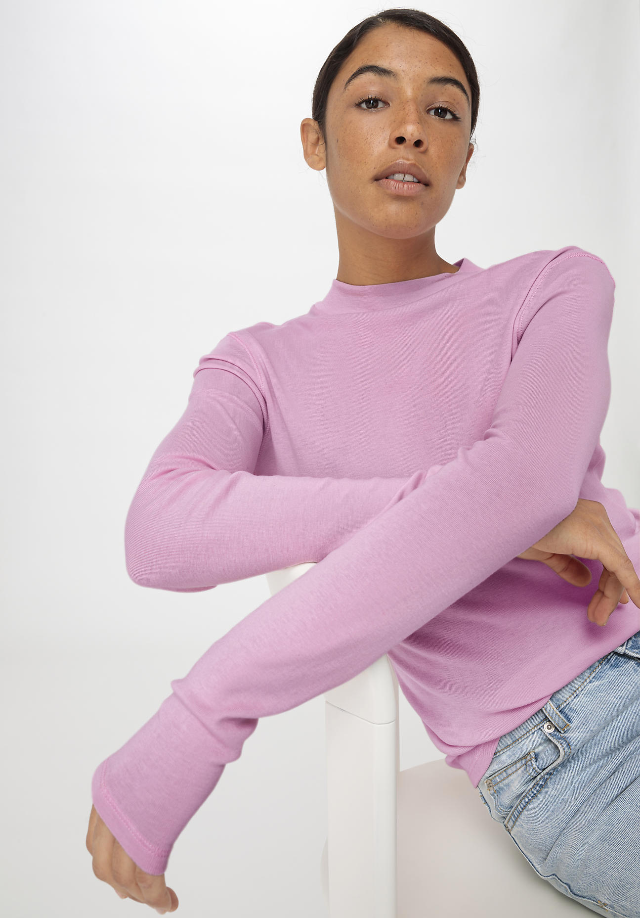 hessnatur Damen Softrib Langarmshirt Slim aus Bio-Baumwolle und TENCEL™ Modal - rosa Grösse46 von hessnatur