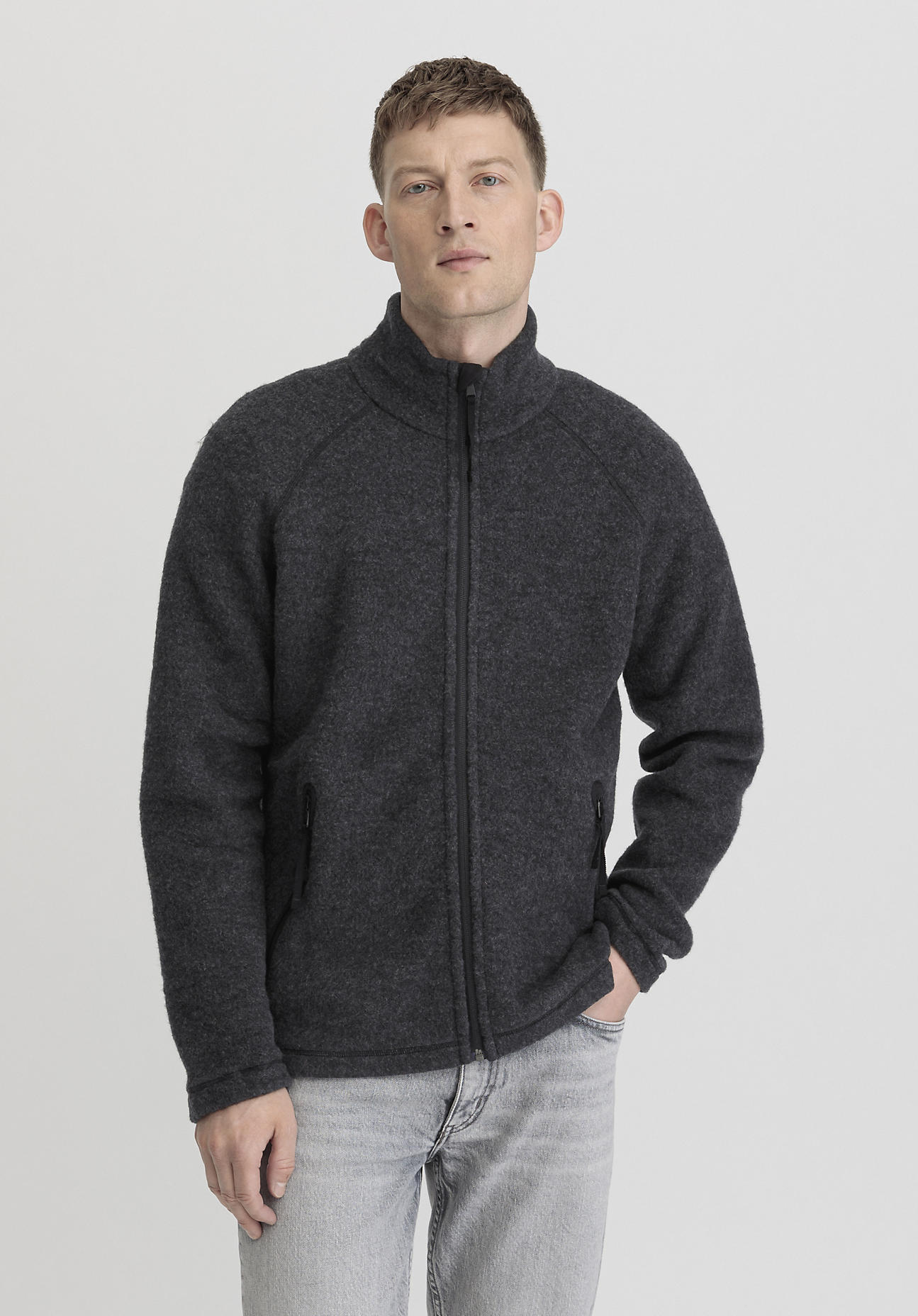 hessnatur Herren Wollfleece Jacke Relaxed aus Bio-Merinowolle - grau Grösse52 von hessnatur