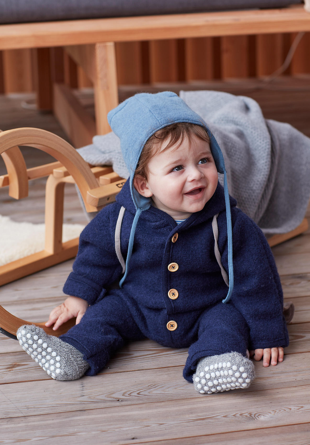 hessnatur Baby Walk-Overall Regular aus Bio-Merinowolle - blau Grösse86/92 von hessnatur