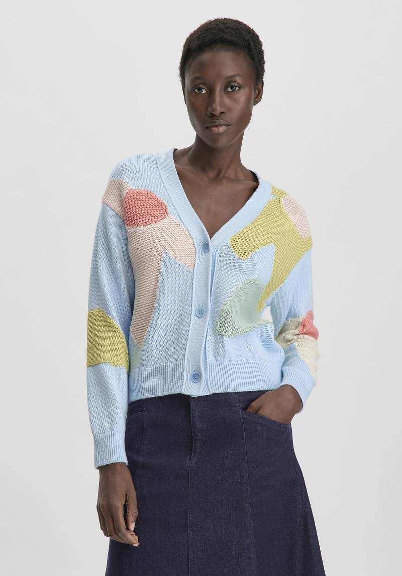 hessnatur Damen Intarsia Strick Jacke Relaxed aus Bio-Baumwolle - blau GrösseS von hessnatur