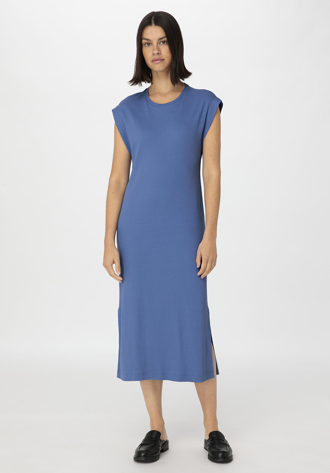 hessnatur Damen Rib Jersey Kleid Midi Regular aus Bio-Baumwolle - blau Grösse36 von hessnatur
