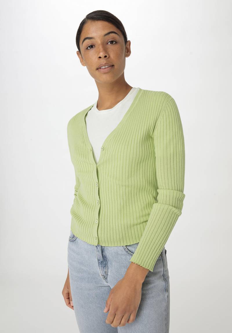 hessnatur Damen Rib Strickjacke Slim aus Bio-Baumwolle - grün Grösse34 von hessnatur