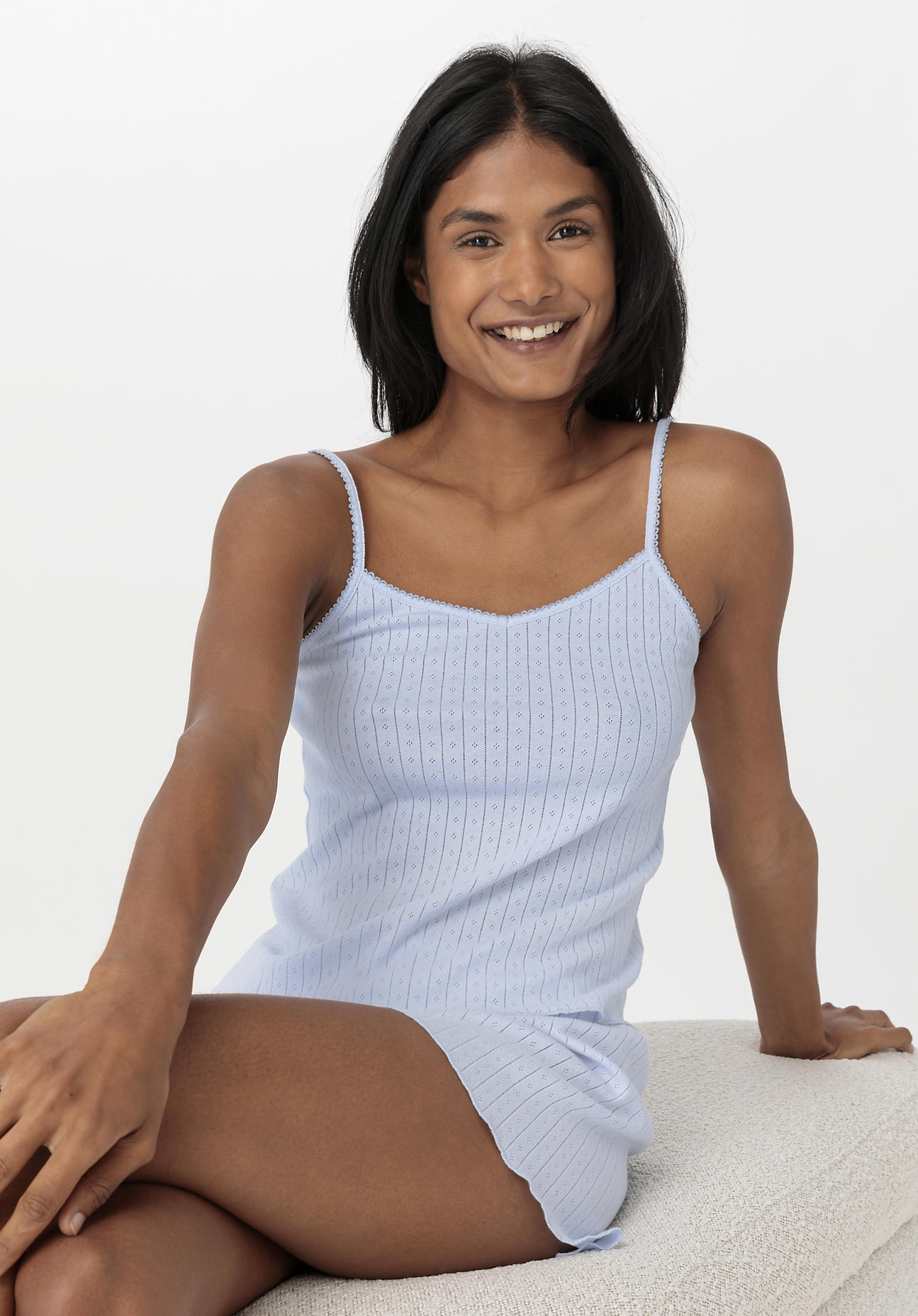 hessnatur Damen Spaghetti Top Fitted PURE POINTELLE aus Bio-Baumwolle - blau Grösse42 von hessnatur