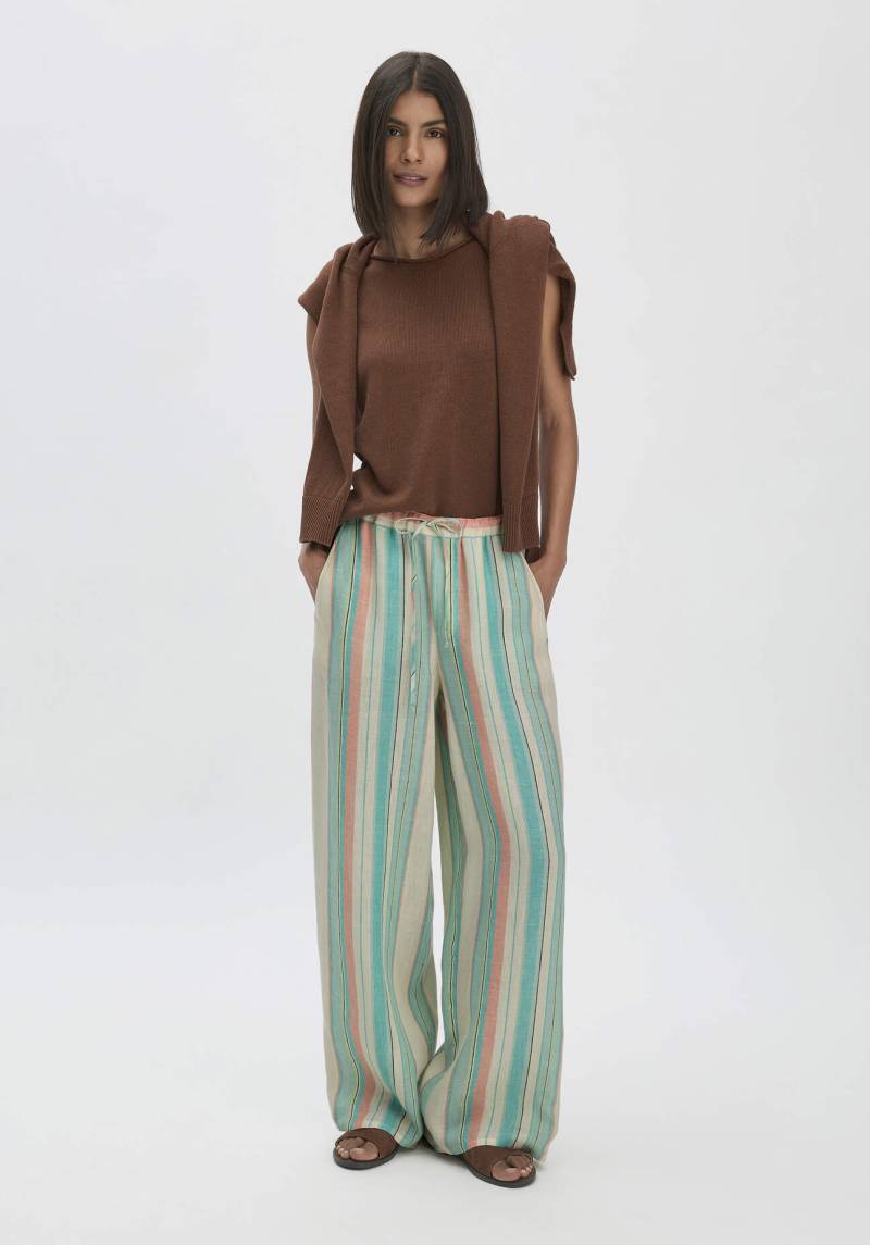 hessnatur Damen Streifen Hose Straight Leg Relaxed aus Leinen - grün Grösse48 von hessnatur