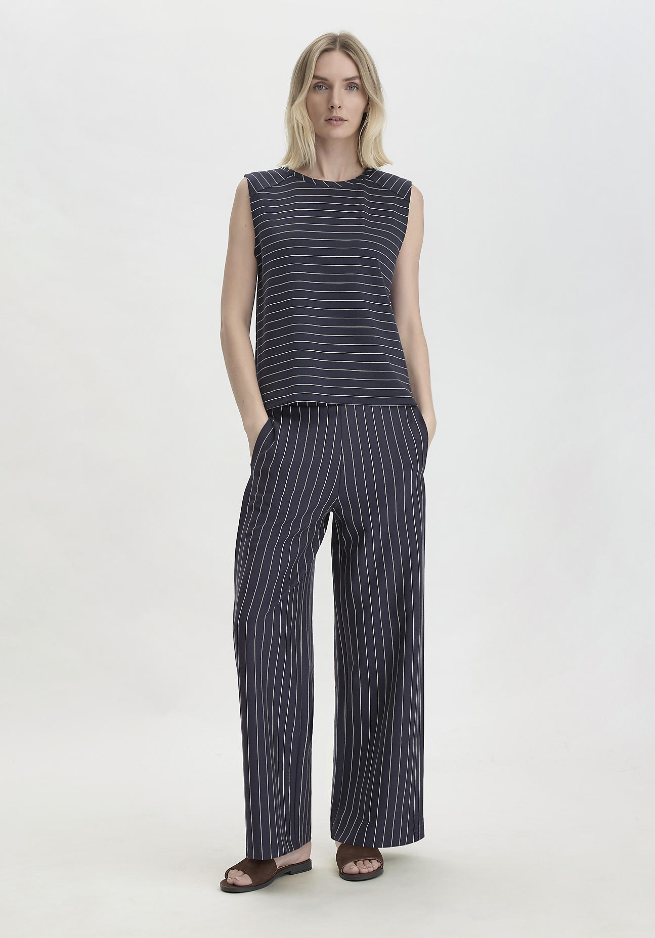 hessnatur Damen Streifen Jersey Hose Wide Leg Relaxed aus Bio-Baumwolle - blau Grösse48 von hessnatur