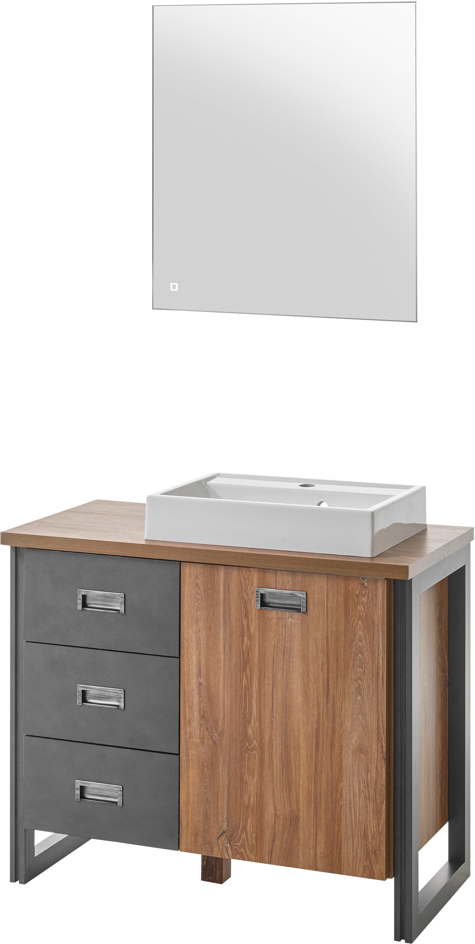 Home affaire Badmöbel-Set »Detroit, Bad im Industrialdesign, inkl. LED, 2-teiliges Badezimmer«, (2 St.), Waschtisch und Spiegel, inkl. Aufsatzwaschbecken aus Mineralguss von home affaire