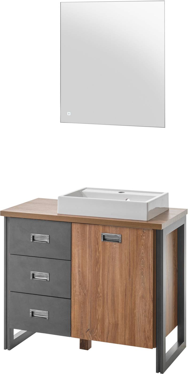 Home affaire Badmöbel-Set »Detroit, Bad im Industrialdesign, inkl. LED, 2-teiliges Badezimmer«, (2 St.), Waschtisch und Spiegel, inkl. Aufsatzwaschbecken aus Mineralguss von home affaire