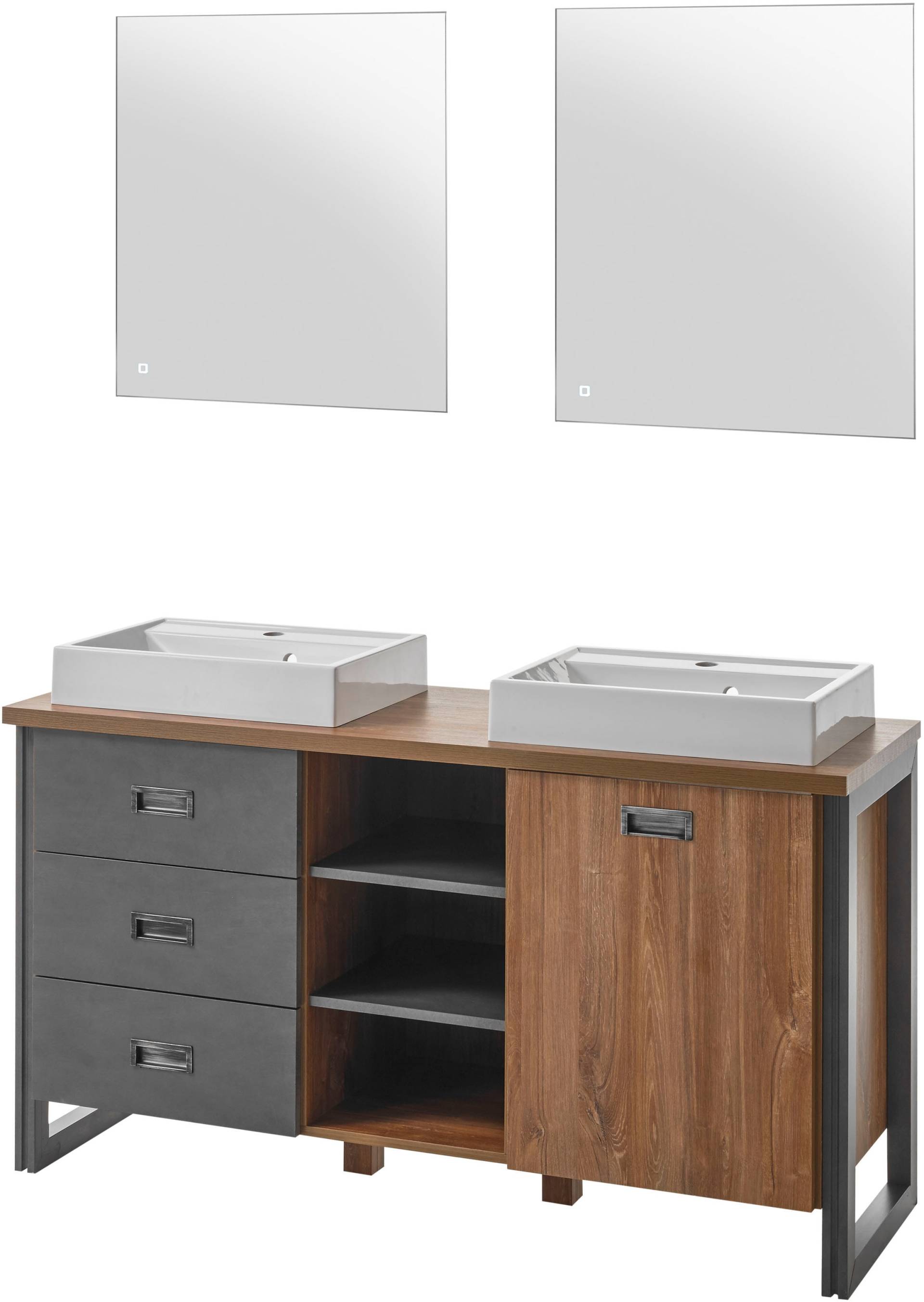 Home affaire Badmöbel-Set »Detroit, Bad im Industrialdesign, inkl. LED, 2-teiliges Badezimmer«, (3 St.), Waschtisch und Spiegel, inkl. zwei Aufsatzwaschbecken aus Mineralguss von home affaire