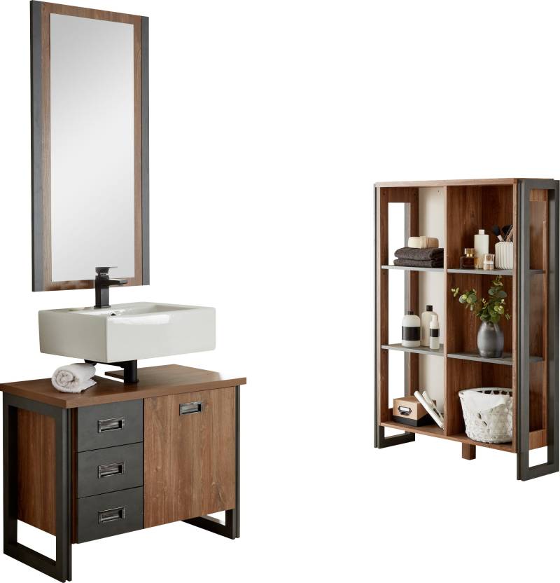 Home affaire Badmöbel-Set »Detroit, Bad im Industrialdesign, 3-teiliges Badezimmer«, (Set, 3 St.), Unterschrank, Regal & Spiegel, holzfarben, offene Fächer & Stauraum von home affaire