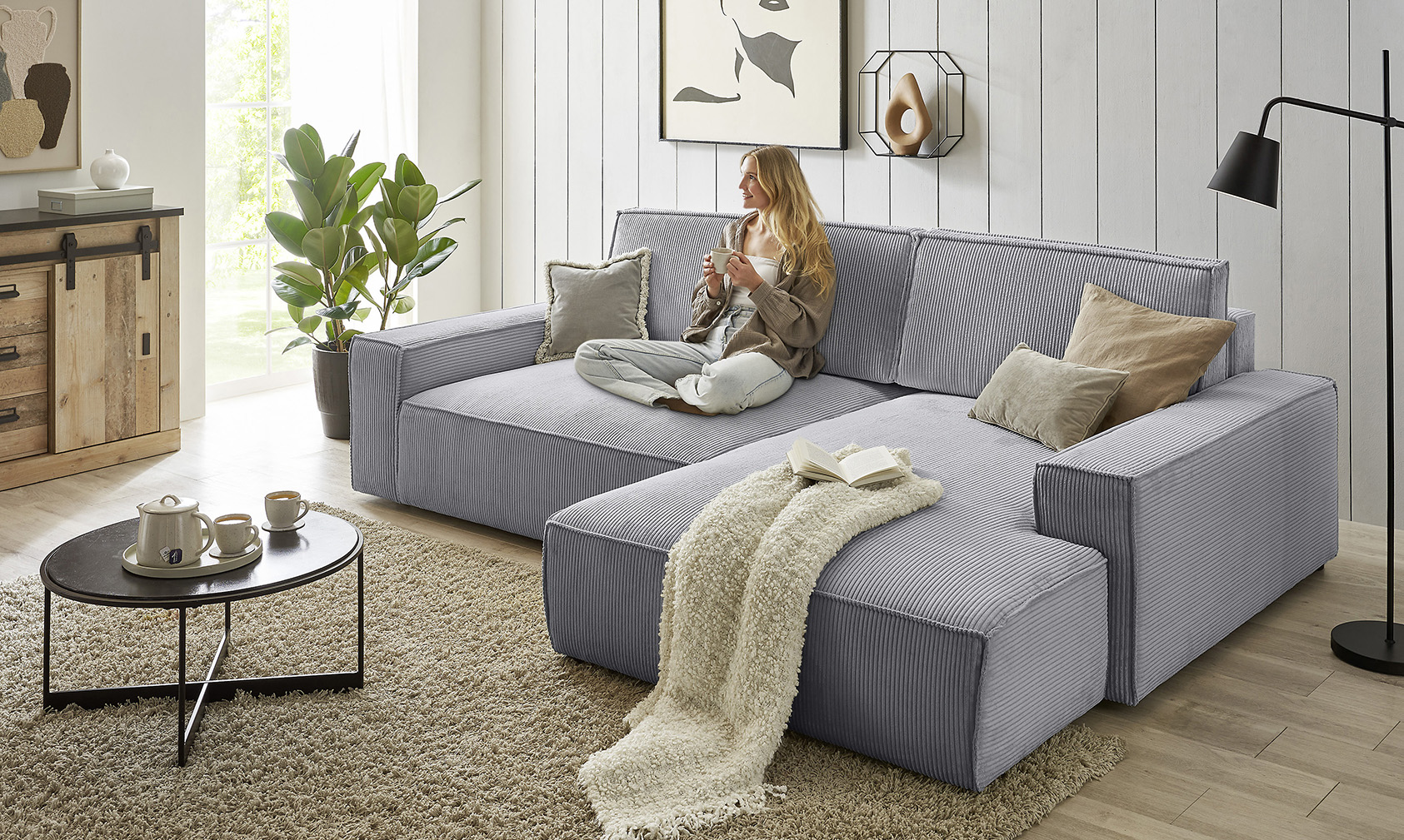 Home affaire Ecksofa »NEU: SHERWOODL XXL 284, Big-Sofa L-Form, tiefe Sitzfläche 95 cm, Cord,«, Leinenoptik, Recamiere rechts/links, auch als Schlafsofa stellbar von home affaire