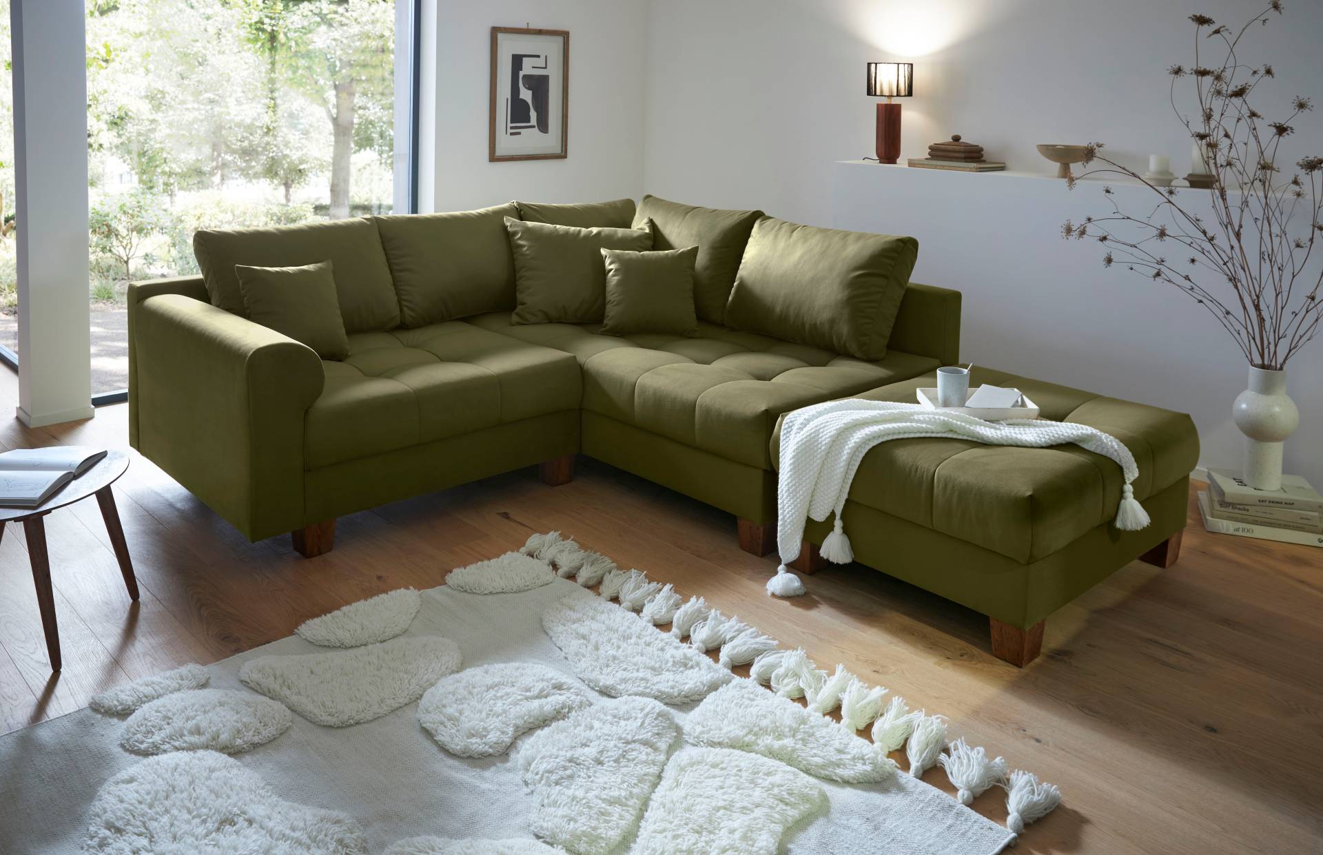 Home affaire Ecksofa »Rice L-Form inkl. Hocker«, (Set, mit Hocker), mit Bonnellfederkern, Hocker & Kissen, Ottomane beidseitig montierbar von home affaire