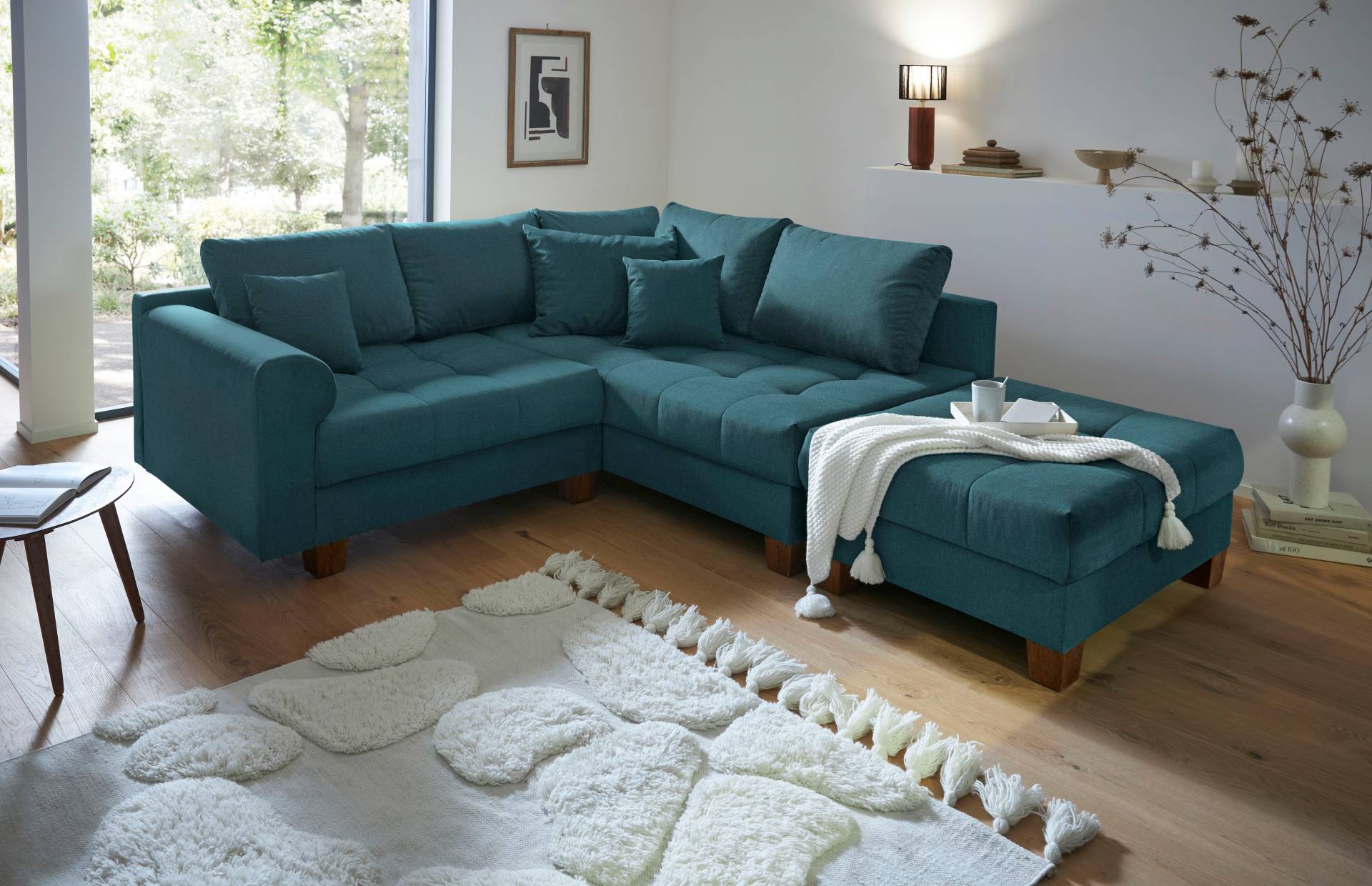 Home affaire Ecksofa »Rice L-Form inkl. Hocker«, (Set, mit Hocker), mit Bonnellfederkern, Hocker & Kissen, Ottomane beidseitig montierbar von home affaire