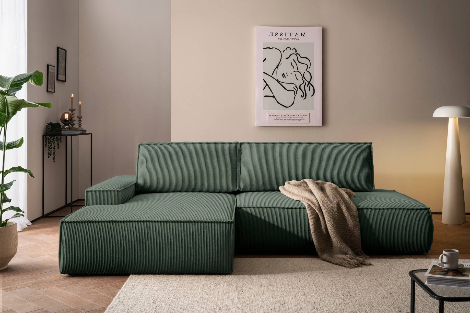 Home affaire Ecksofa »SHERWOOD, Schlafsofa in L-Form offen (275cm), Cord, Leinenoptik«, Schlaffunktion und Bettkasten, Kedernaht, hoher Sitz- & Liegekomfort von home affaire
