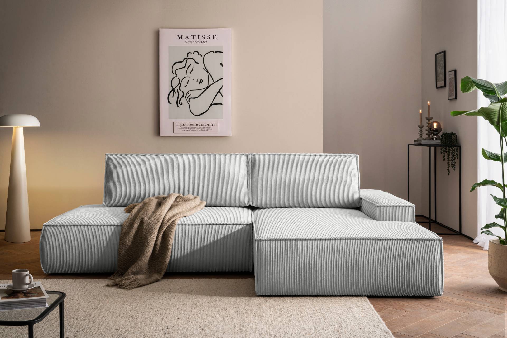 Home affaire Ecksofa »SHERWOOD, Schlafsofa in L-Form offen (275cm), Cord, Leinenoptik«, Schlaffunktion und Bettkasten, Kedernaht, hoher Sitz- & Liegekomfort von home affaire