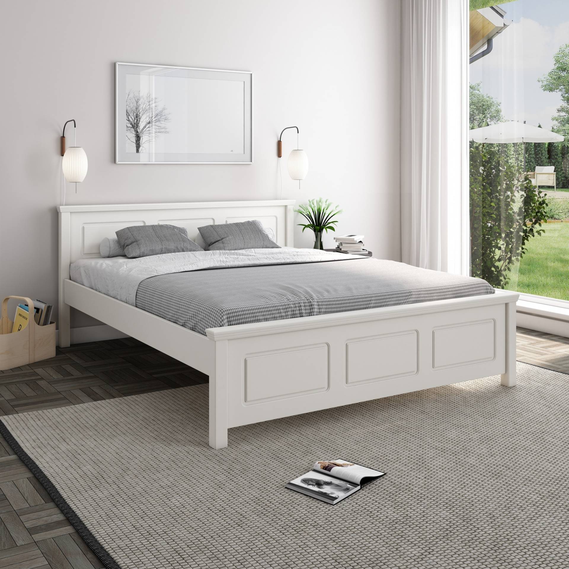 Home affaire Massivholzbett »"ERIK", Made in Europe, optional mit Schublade, Massivholz Kiefer«, (FSC® zertifiziert), in mehreren Grössen, Landhausstil mit Kassettenoptik von home affaire