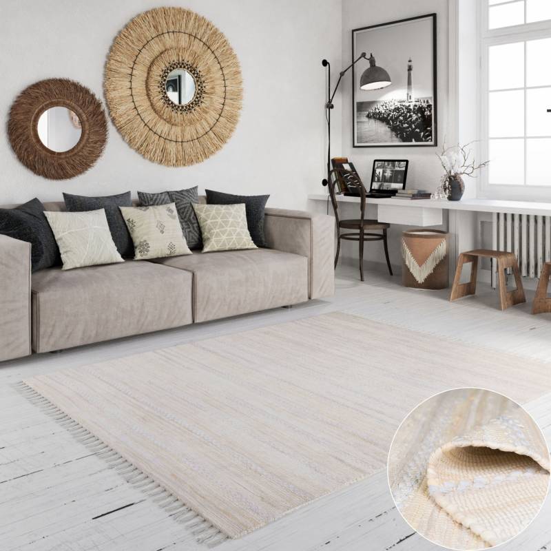 my home Teppich »Nickelberg«, rechteckig, 10 mm Höhe, 90% Baumwolle, handgewebt, mit Fransen, aus recycelten Materialien von My Home