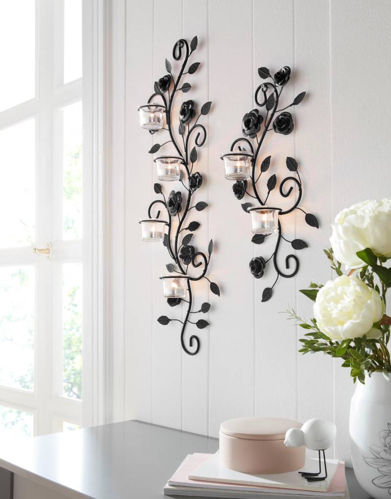 Home affaire Wandkerzenhalter »Blumenranke, schwarz«, (2er-Set), Landhaus, Metall, Glas, schwarz antik von home affaire
