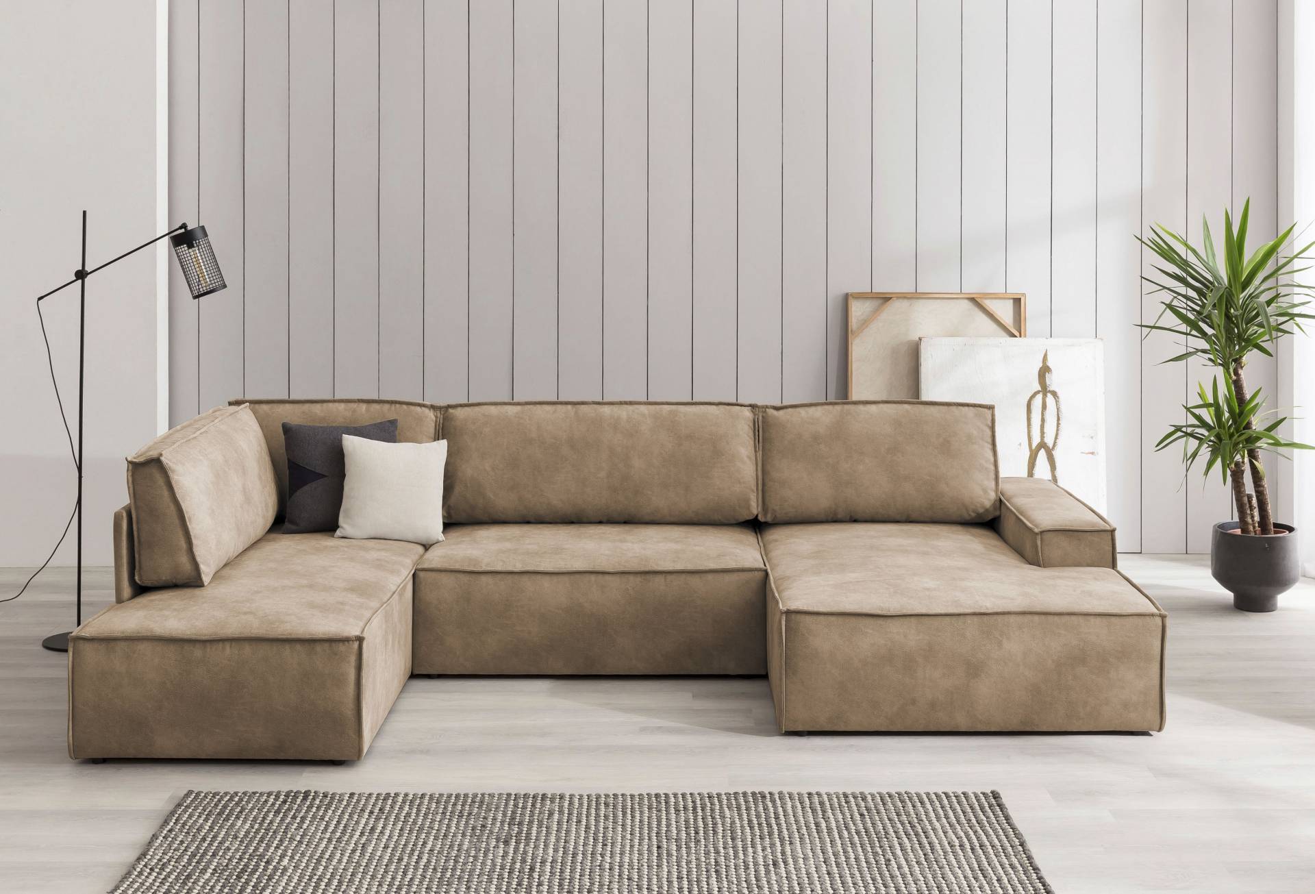 Home affaire Wohnlandschaft »SHERWOOD 329 cm, U-Form, Schlafsofa,«, Schlaffunktion m. Bettkasten (194x139 cm), Cord, Vintage, Samtvelours von home affaire