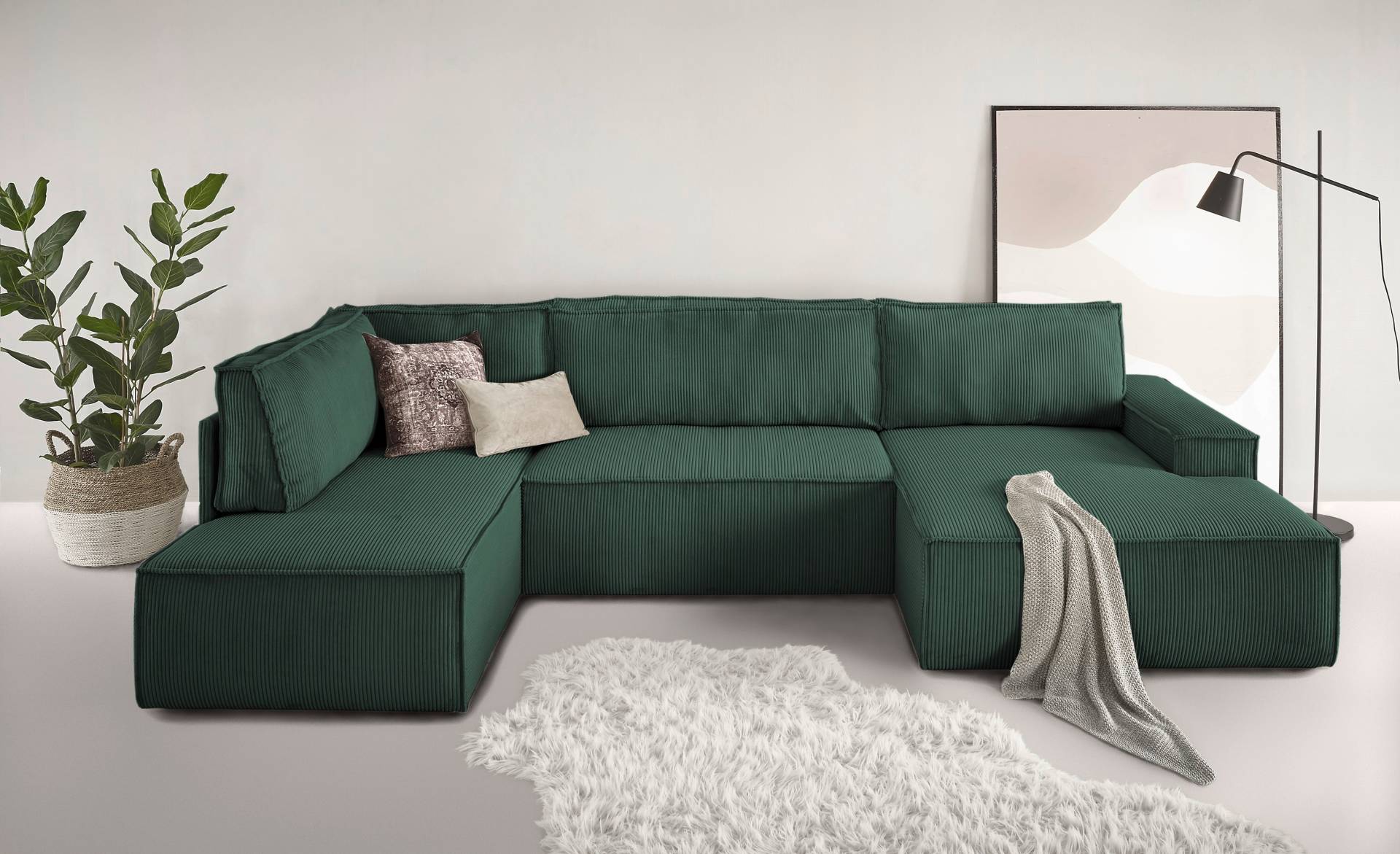 Home affaire Wohnlandschaft »SHERWOOD 329 cm, U-Form, Schlafsofa,«, Schlaffunktion m. Bettkasten (194x139 cm), Cord, Vintage, Samtvelours von home affaire