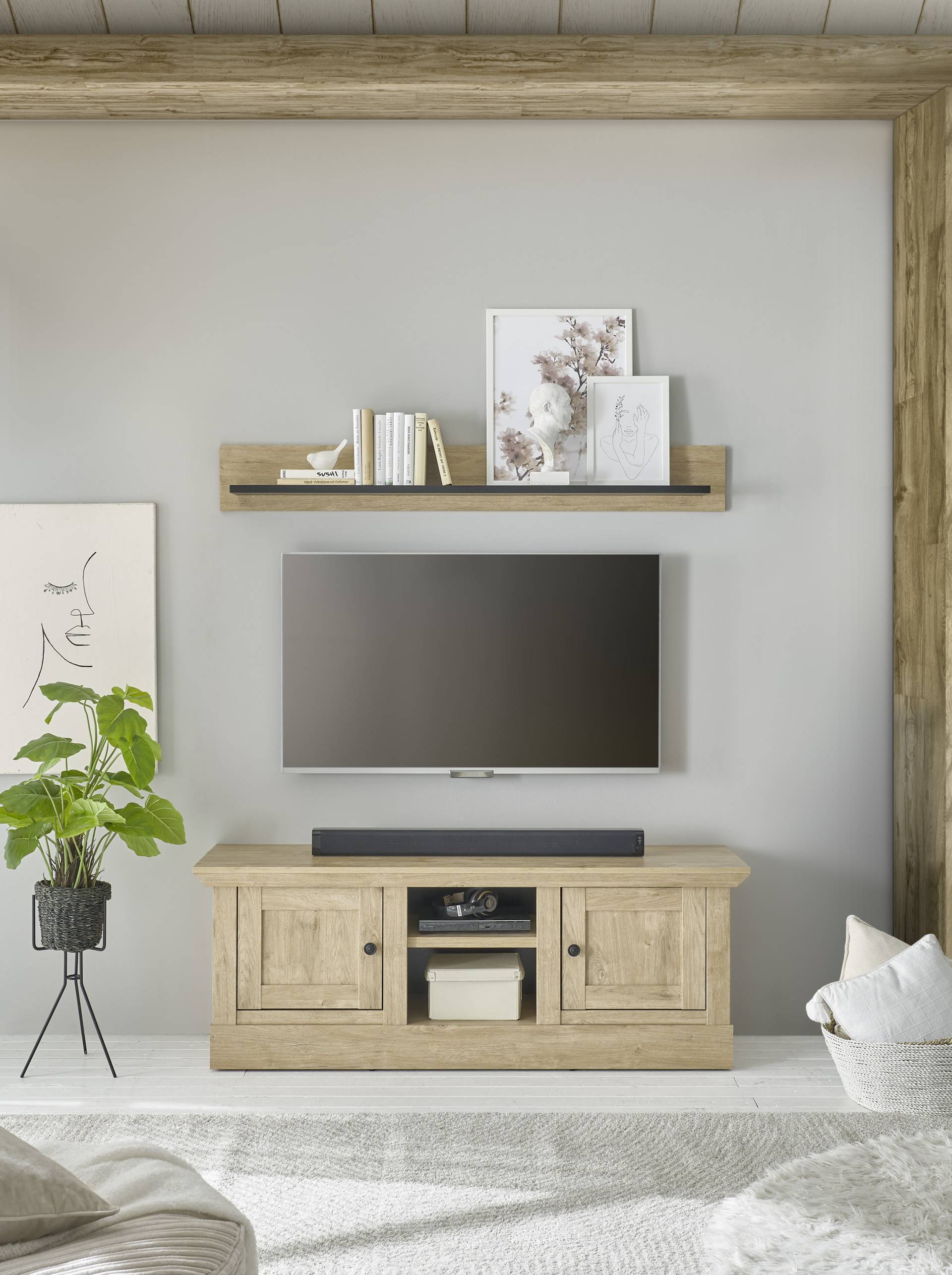 Home affaire Wohnwand »Cornwall, Anbauwand im Landhausstil, Wohnzimmer-Set, Eiche Dekor«, (Set, 2 St.), enthält Lowboard, Wandboard, Eiche Dekor, 152 cm breit von home affaire