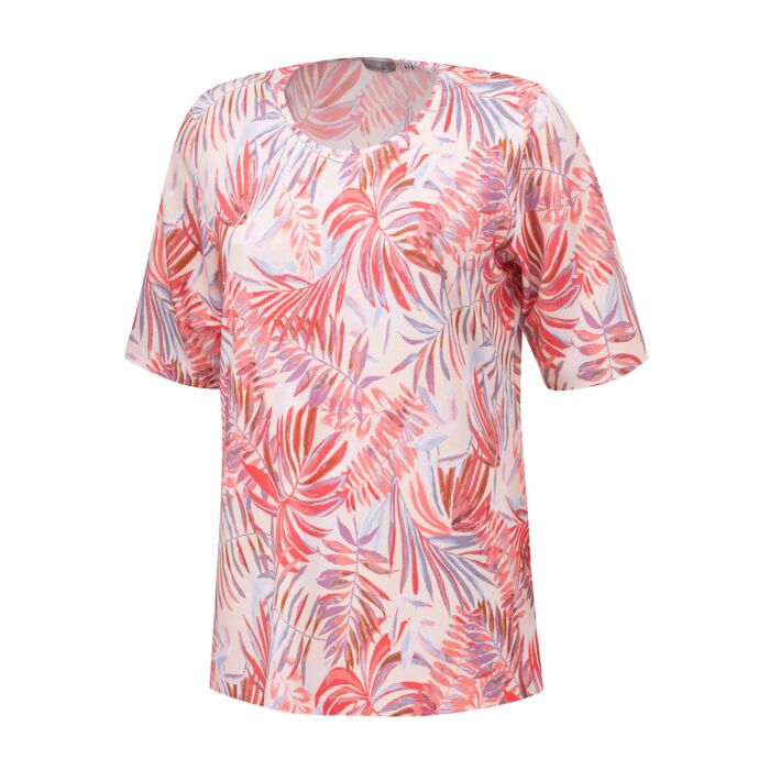 Damen-Shirt mit Blumenprint und Rundhalsausschnitt, rot, 48