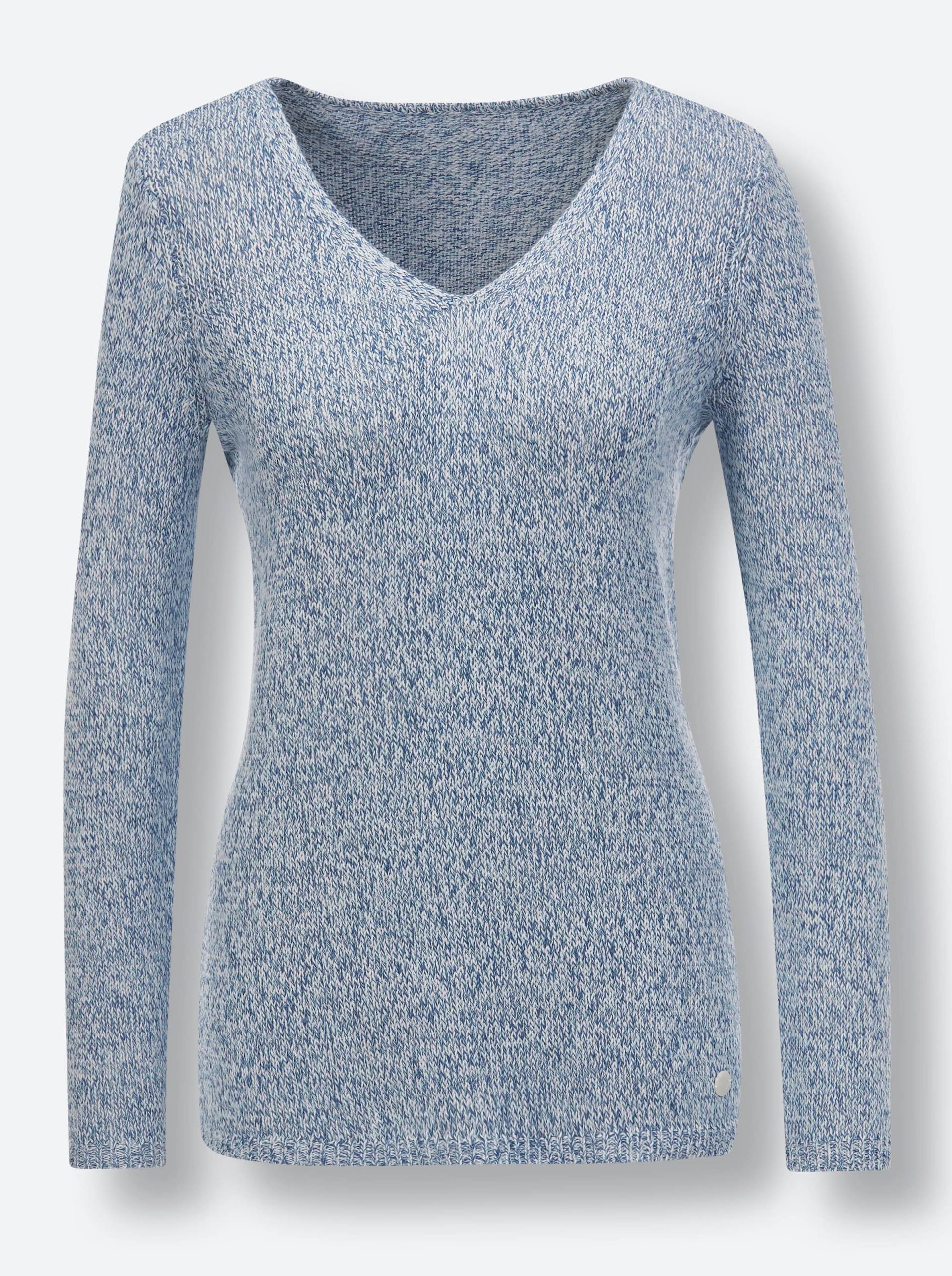 Leinen-Baumwoll-Pullover in jeansblau-mint-meliert von CREATION L PREMIUM