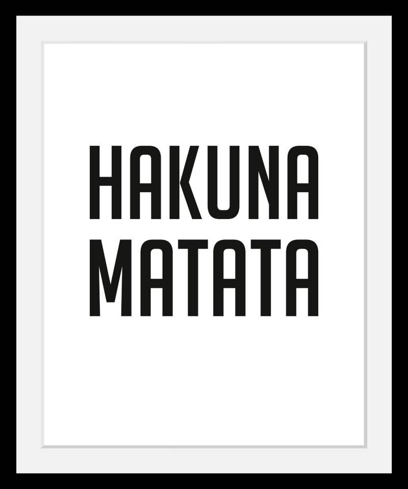 queence Bild »Hakuna Matata«, Schwarz-Weiss-Schriftzug-Motivationsbilder-Humor, HD Premium Poster-Druck inkl. Holzrahmen von queence